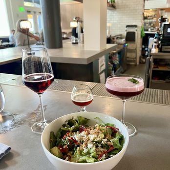Mercantile - Mercantile High-five , non alcoholic beet mocktail and peach arugula salad - New American Near Me - Denver, Colorado