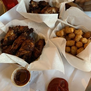 Fat Dan's Deli - Smoked Wings with hot bbq sauce and tater tots - Delis Near Me - Indianapolis, Indiana Fat Dan's Deli - Smoked Wings with hot bbq sauce and tater tots - Delis Near Me - Indianapolis, Indiana