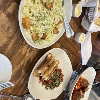Spaghettini - Tomato Bruschetta & Berkshire Pork Meatballs & Caesar salad - Italian Near Me - Seal Beach, California Spaghettini - Tomato Bruschetta & Berkshire Pork Meatballs & Caesar salad - Italian Near Me - Seal Beach, California