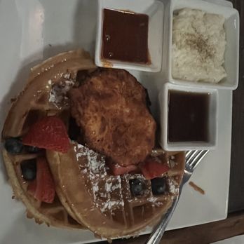 Harry's Grille & Tavern - Chicken and waffles, side grits, syrup and honey hot sauce - Bars Near Me - Charlotte, North Carolina