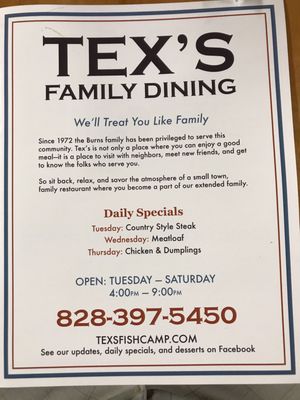 Menu photo 1 Tex's Fish Camp Connelly Springs, NC Menu photo 1 Tex's Fish Camp Connelly Springs, NC