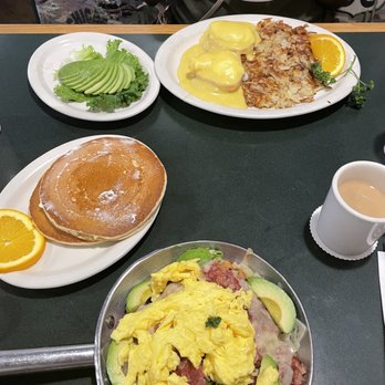 Flappy Jack's Pancake House - Crab Cake Benedict with hash brown and Chicago Skillet with pancakes both with avocado added - Pancakes Near Me - Orange, California Flappy Jack's Pancake House - Crab Cake Benedict with hash brown and Chicago Skillet with pancakes both with avocado added - Pancakes Near Me - Orange, California