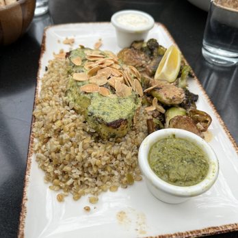 DishDash - Samakeh - marinated sea bass filet with Freekeh and Brussel Sprouts. - Middle Eastern Near Me - Sunnyvale, California DishDash - Samakeh - marinated sea bass filet with Freekeh and Brussel Sprouts. - Middle Eastern Near Me - Sunnyvale, California