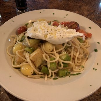 La Forchetta - Spaghetti special with eggplant, tomatoes, asparagus and buratta mozzarella on top - Italian Near Me - Stuart, Florida La Forchetta - Spaghetti special with eggplant, tomatoes, asparagus and buratta mozzarella on top - Italian Near Me - Stuart, Florida