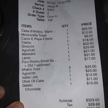 Lilia - Total tab for 4 - Italian Near Me - Brooklyn, New York