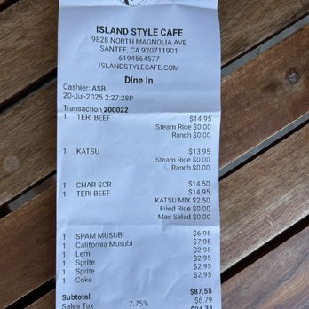 Island Style Cafe - Late lunch for four people - Hawaiian Near Me - Santee, California