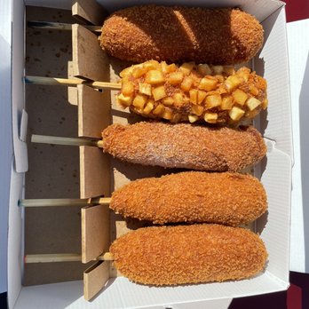Mochinut - Volcano Hotdog, Potato Mozzarella with hotdog, Chungchun (Original) Hotdog, Half and Half, Cheddar Cheese Hotdog - Hot Dogs Near Me - Cerritos, California Mochinut - Volcano Hotdog, Potato Mozzarella with hotdog, Chungchun (Original) Hotdog, Half and Half, Cheddar Cheese Hotdog - Hot Dogs Near Me - Cerritos, California