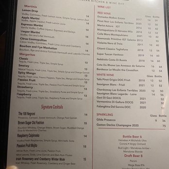100 Main - Drink menu - Mediterranean Near Me - Warwick, New York