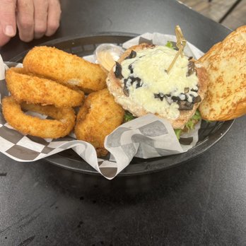 Kitchen87 - Turkey burger with mushrooms and feta cheese. Onion rings on the side. - American Near Me - Mount Holly, New Jersey Kitchen87 - Turkey burger with mushrooms and feta cheese. Onion rings on the side. - American Near Me - Mount Holly, New Jersey