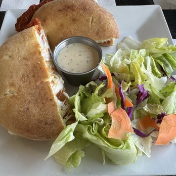 Piccolino Restaurant - Chicken parm sandwich and salad on white plate. - Italian Near Me - Hagerman, New Mexico