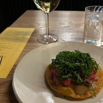 Tomo - Beef Tartare Tostada, Ikura, Mustards - New American Near Me - Seattle, Washington Tomo - Beef Tartare Tostada, Ikura, Mustards - New American Near Me - Seattle, Washington