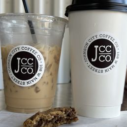 Iced caramel latte, latte, chocolate chip cookie.