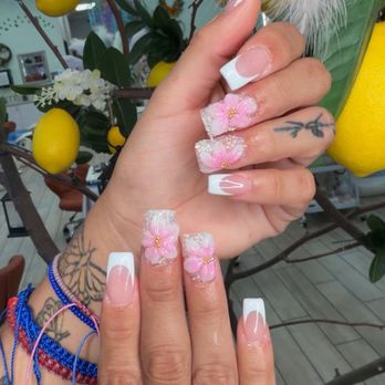 Finesse Nails and Spa - Full set of acrylic with French tip, sugar crystal and 3D flower - Nail Salons Near Me - Palm Springs, California Finesse Nails and Spa - Full set of acrylic with French tip, sugar crystal and 3D flower - Nail Salons Near Me - Palm Springs, California