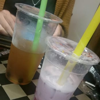 Boba Cafe - Left: Jasmin Green tea. Right: Taro Milk Tea. - Bubble Tea Near Me - Riverside, California Boba Cafe - Left: Jasmin Green tea. Right: Taro Milk Tea. - Bubble Tea Near Me - Riverside, California