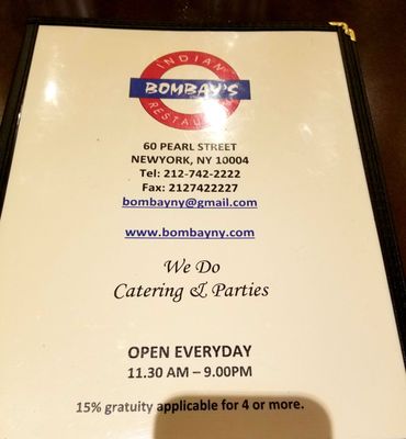 Menu photo 4 Bombay's Indian Restaurant New York, NY