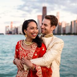 Emma Mullins Photography - Chicago Indian wedding photo of bride and groom with skyline by documentary wedding photographer Emma Mullins Photography