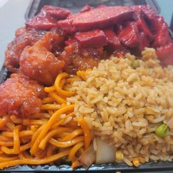 Entree: Orange chicken and  bbq pork sides: noodles amd fried rice
