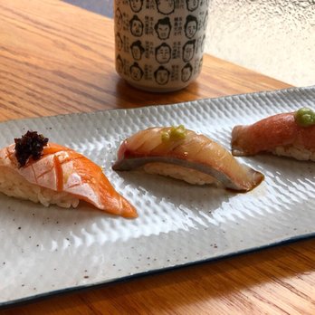 Sushi Katsuei - Omakase plate 2 - Salmon Belly, Jack Mackerel, fatty tuna (otoro) - Sushi Bars Near Me - Brooklyn, New York Sushi Katsuei - Omakase plate 2 - Salmon Belly, Jack Mackerel, fatty tuna (otoro) - Sushi Bars Near Me - Brooklyn, New York