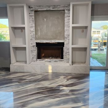 Fixology Pros Florida - Custom built shelving and fireplace with custom metallic epoxy floors, all done by Fixology Pros - Flooring Near Me - Hudson, Florida