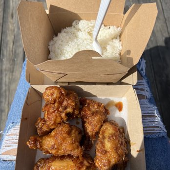 Crunchik'n - 5 giant wings with honey soy sauce and a side of rice - Korean Near Me - Ocean City, New Jersey