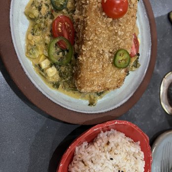 Kaya - Pinipig crusted snapper over a bed of laing w/garlic rice - Filipino Near Me - Orlando, Florida