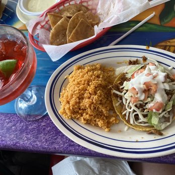 La escollera - Pastor Tostada, side of arroz, strawberry margarita, chips and queso - Mexican Near Me - Indianapolis, Indiana