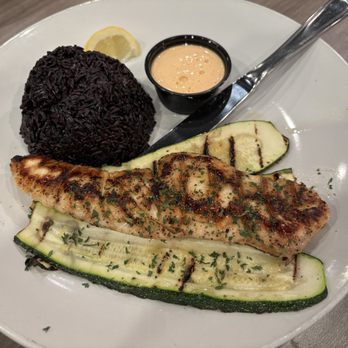Ocean House Fish Grill - Ocean House Halibut ($33.95) with grilled zucchini and black rice. - Seafood Near Me - San Dimas, California