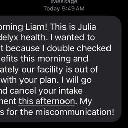 Kadelyx - Text I received day of my appointment after changing plans to attend and after being told I was approved the week prior.