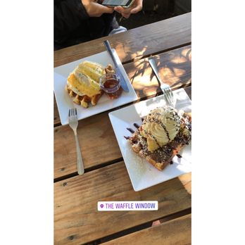 The Waffle Window - Fork on top right : Nutella and Fresh Banana Waffle  Fork on bottom left : Rise and Shine - Breakfast & Brunch Near Me - Portland, Oregon