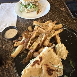 We split the chicken pesto sandwich and tallow fries. Delicious! We split the chicken pesto sandwich and tallow fries. Delicious!