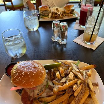 Fresco at The Gardens - The Turf and Surf Sliders in the background, the Fresco Burger in the foreground. - New American Near Me - Rockford, Illinois Fresco at The Gardens - The Turf and Surf Sliders in the background, the Fresco Burger in the foreground. - New American Near Me - Rockford, Illinois