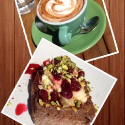 Doughnut French toast with vanilla bean mascarpone, banana, cherries and pistachios. Doughnut French toast with vanilla bean mascarpone, banana, cherries and pistachios.