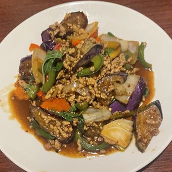 Pad Thai Cafe - Spicy basil eggplant with pork. They don't mess around on spice. We ordered a 3, would probably do a 1 or 2 next time! - Thai Near Me - Glendale, Arizona