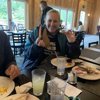 Allen Marine Tours - Happy campers after breakfast at Fin Island Lodge. King crab legs, salmon chowder, roasted salmon and more! - Boating Near Me - Sitka, Alaska Allen Marine Tours - Happy campers after breakfast at Fin Island Lodge. King crab legs, salmon chowder, roasted salmon and more! - Boating Near Me - Sitka, Alaska