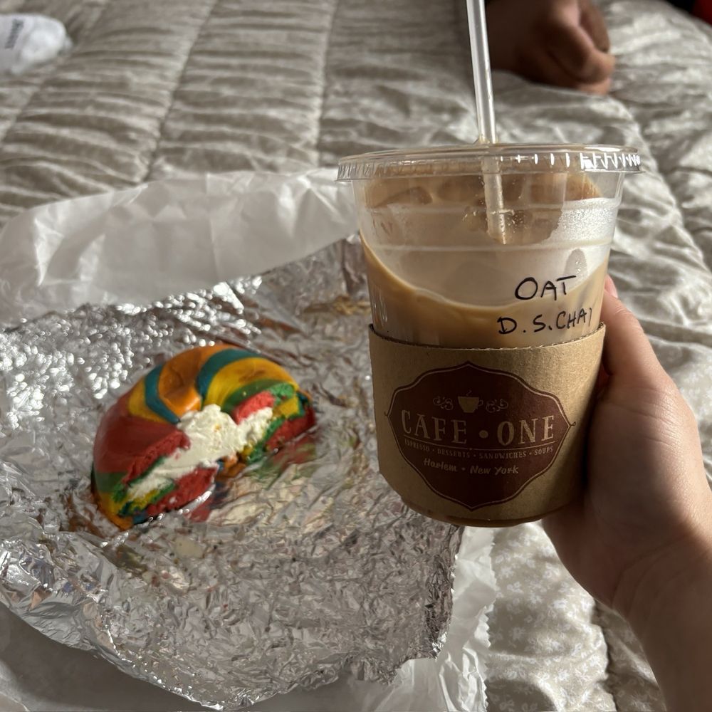 Iced Spiced Chai, Rainbow Bagel with cream cheese Iced Spiced Chai, Rainbow Bagel with cream cheese