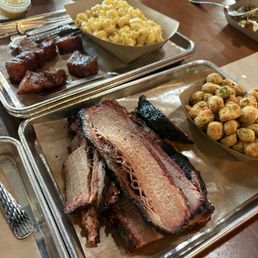 Brisket, fried okra, burnt ends, mac & cheese. Brisket, fried okra, burnt ends, mac & cheese.