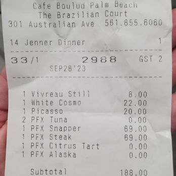 Cafe Boulud - $8 water with no warning - terrible - French Near Me - Palm Beach, Florida