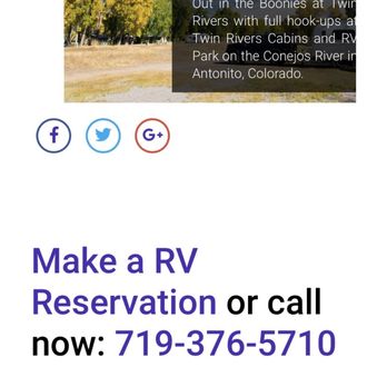 Twin Rivers Cabin and RV Park - "Call now" the time in the photo was 10:23. - RV Parks Near Me - Antonito, Colorado Twin Rivers Cabin and RV Park - "Call now" the time in the photo was 10:23. - RV Parks Near Me - Antonito, Colorado