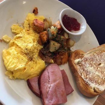 Proving Ground - Morning Fixings two scrambled eggs, PG Potatoes, sour dough toast, strawberry jam & ham!! - Coffee Roasteries Near Me - Columbia, Illinois