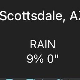 Weather data for Scottsdale, AZ, displaying current temperature of 61°F with a low of 53°F, rain probability at 9%, and wind coming from NNW at 4 MPH. The information is presented in a digital format with weather icons and text.