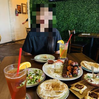 Aladdin Cafe - #5 Shish Kebab Mix (comes with salad, rice, hummus, pita bread), Lamb Borak, Baba Ghanouj, Mango & Passion Fruit Iced Tea - Mediterranean Near Me - San Diego, California