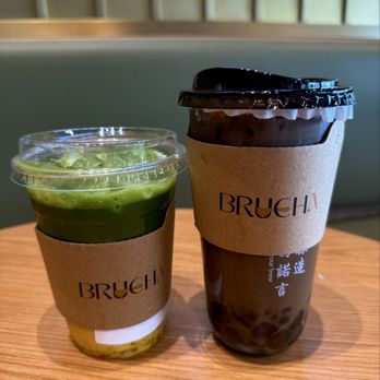 Brucha - On the left is the mango matcha with oat milk, and on the right is the (Brucha House Style) specialty drink. - Gelato Near Me - Tucson, Arizona