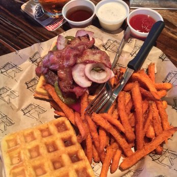 Porch Swing Pub - Walk of shame burger so delicious side of maple syrup and sweet potatoe fries! So good. - Pubs Near Me - Houston, Texas Porch Swing Pub - Walk of shame burger so delicious side of maple syrup and sweet potatoe fries! So good. - Pubs Near Me - Houston, Texas