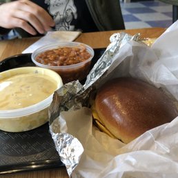 Beans (back), Mac and cheese, pulled pork sandwich Beans (back), Mac and cheese, pulled pork sandwich
