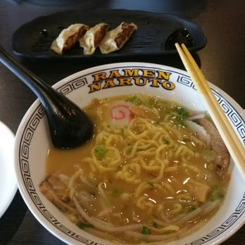 Ramen Naruto - The tonkotsu shoyu, with no black mushrooms. In the background is the gyoza. - Ramen Near Me - Azusa, California