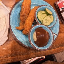 Fat Fellas BBQ & Grille - Fried Catfish with mash potatoes and gravy and cucumbers with vinegar