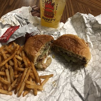 Buddy's Burger - #3 Spicy Burger (add pickles) and Seasoned Fries with Mango lemonade. - Burgers Near Me - Austin, Texas Buddy's Burger - #3 Spicy Burger (add pickles) and Seasoned Fries with Mango lemonade. - Burgers Near Me - Austin, Texas