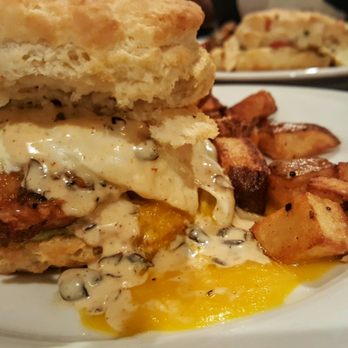 Mercantile - Fried chicken biscuit with home fries. - American Near Me - Fredericksburg, Virginia Mercantile - Fried chicken biscuit with home fries. - American Near Me - Fredericksburg, Virginia