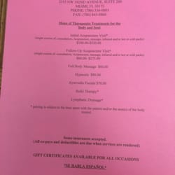 Acupuncture and Health Promotion - Menu of treatments with pricing.