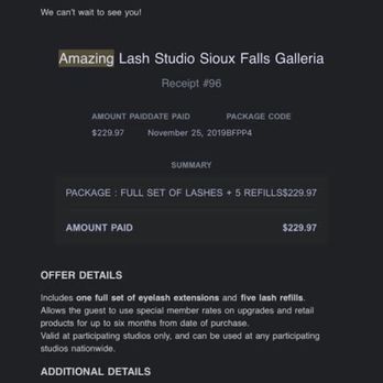 Amazing Lash Studio - Receipt with details - Eyelash Service Near Me - Sioux Falls, South Dakota